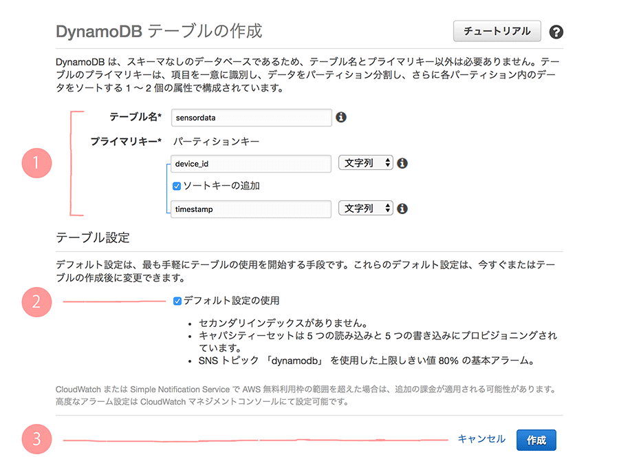 dynamoDB テーブル作成