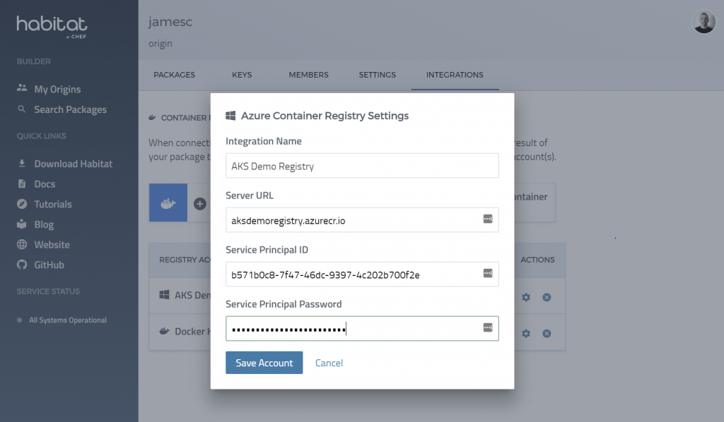 図2: BuilderでAzureサービスプリンシパルをAzure Container Registryに設定することにより、新しく構築したコンテナを公開できます。