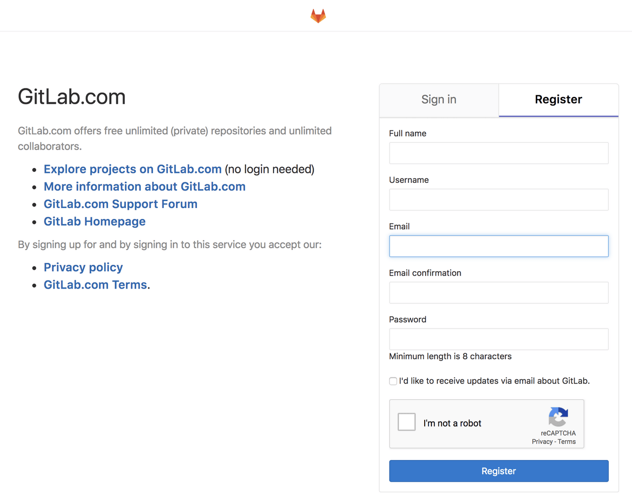 register gitlab